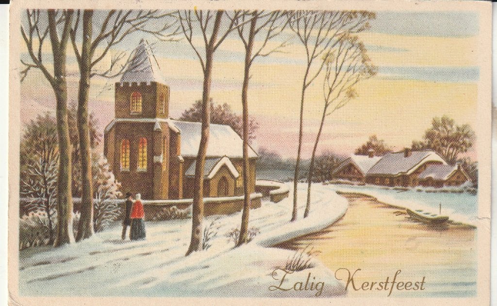 Vintage Kerstkaart 1953 - Kerkje in besneeuwd landschap, Ophalen of Verzenden, 1940 tot 1960, Gelopen, Feest(dag)