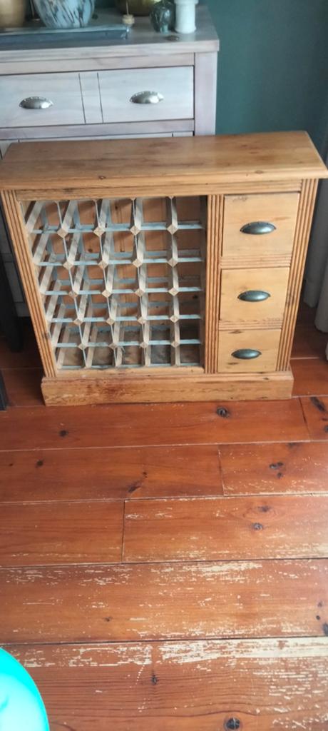 Wijnrekje 80x26x77 cm met 3 lades - Oud Grenen Hout, Ophalen