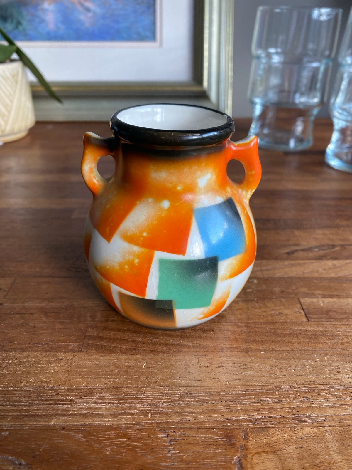 Vintage oranje vaasje met  Art Deco patroon, Antiek en Kunst, Ophalen of Verzenden