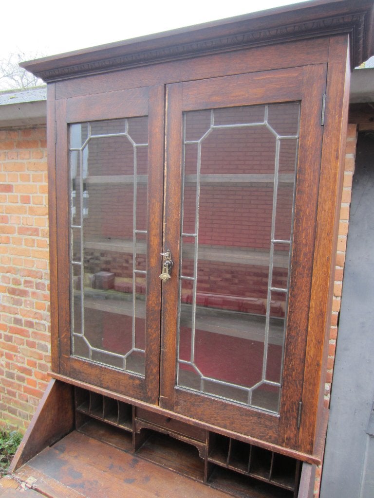 antieke eiken kast 2 laden, secretaire en vitrinekast 221x90, Ophalen