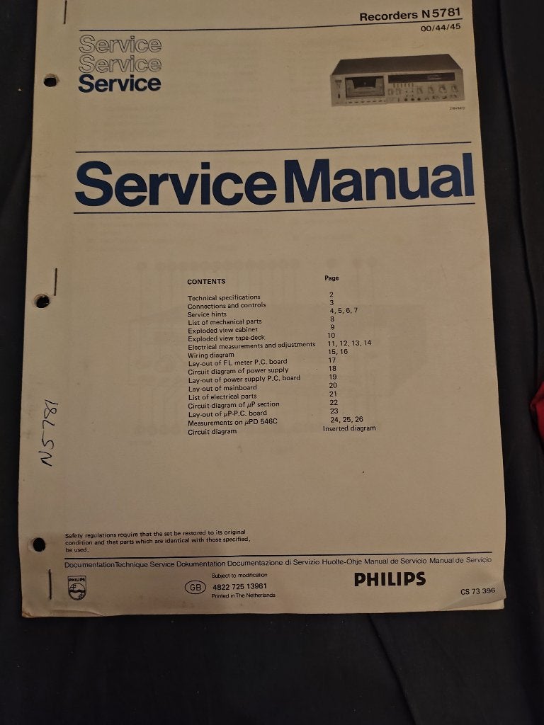 Philips N5781 cassette deck service manual handleiding, Audio, Tv en Foto, Cassettedecks, Verzenden, Enkel, Philips