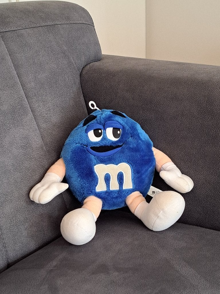 M&M's Blue pluche 1998 D19xB10cm, copyright Mars, Ophalen of Verzenden, Gebruikt