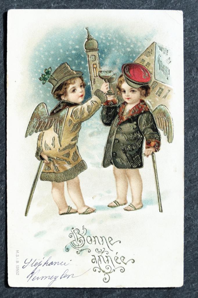 Reliefkaart Engeltjes proosten op het nieuwe jaar, 1905, Verzenden, Voor 1920, Gelopen, Kinderen
