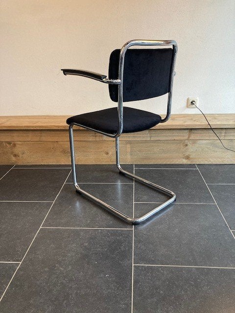 4 Gispen 201 stoelen, chroom, nieuwe zwarte ribstof, Zwart, Design, Zo goed als nieuw, Nvt