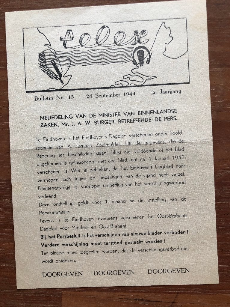 Telex, bulletin No. 15. 28 September 1944. Het Eindhovens, Verzenden, Nederland, Boek of Tijdschrift
