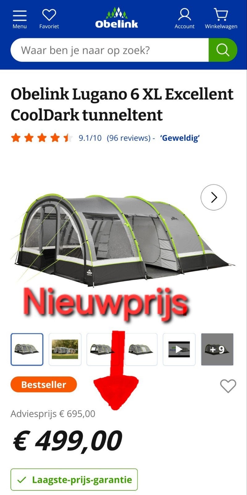 Obelink Lugano 6 XL Excellent CoolDark tunneltent z.g.a.n., Ophalen, Zo goed als nieuw, Tot en met 6