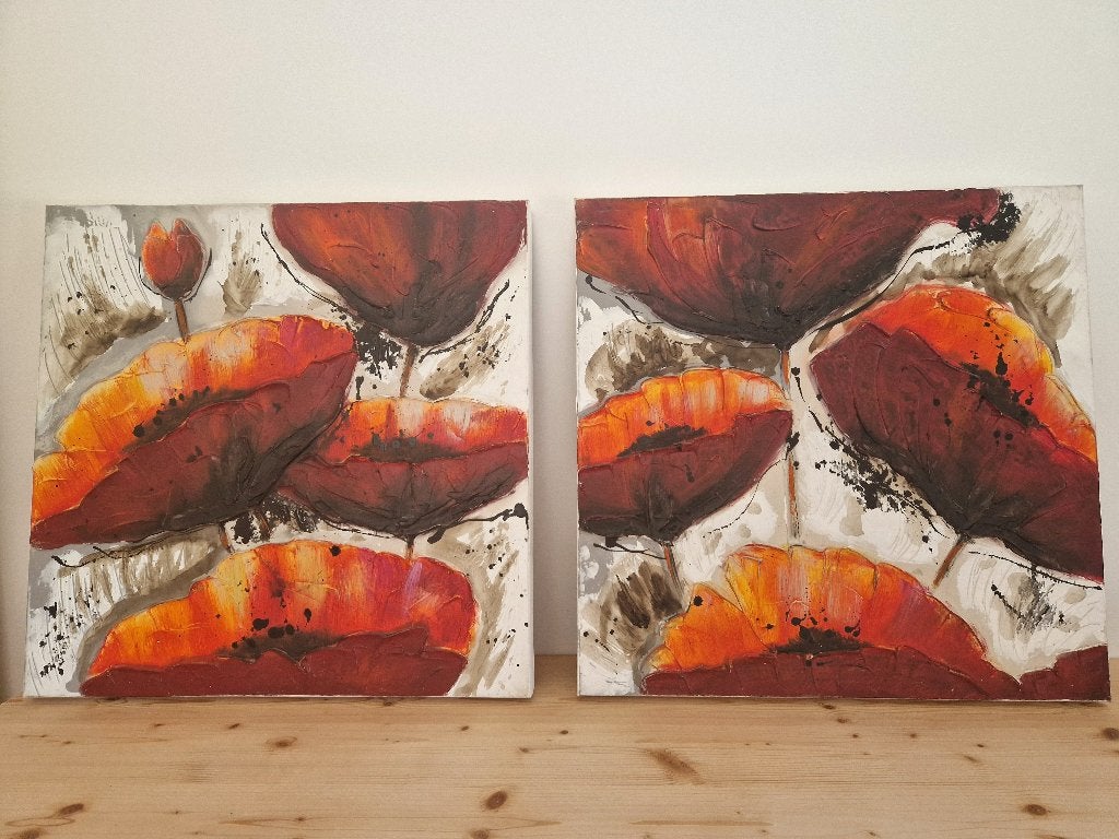 Olieverfschilderijen voor liefhebbers van kunst en klaprozen, Antiek en Kunst, Bloemen, Doek, Realistisch, Ophalen of Verzenden