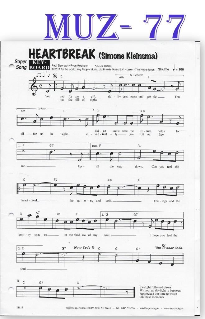 Muz77 bladmuziek super song Heartbreak ( Simone Kleinsma ), Gebruikt, Ophalen of Verzenden, Artiest of Componist, Piano