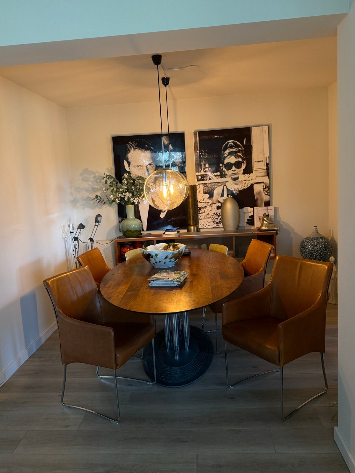 Set van 4 cognac leren eetkamerstoelen, Huis en Inrichting, Ophalen, Gebruikt, Bruin, Leer