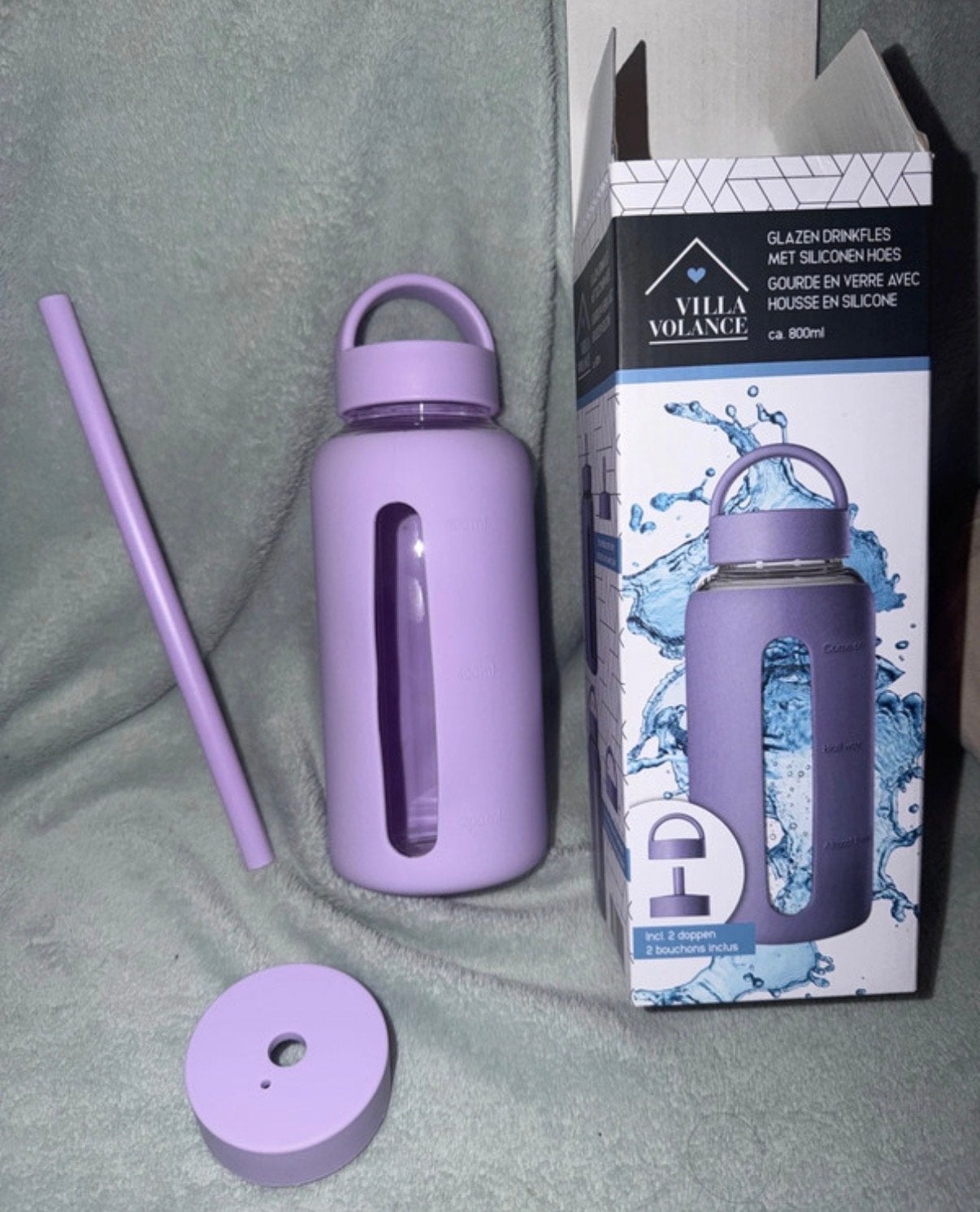 Villa Volance Glazen Drinkfles met Siliconen Hoes - 800ml, Paars, Nieuw, Ophalen of Verzenden, Overige merken