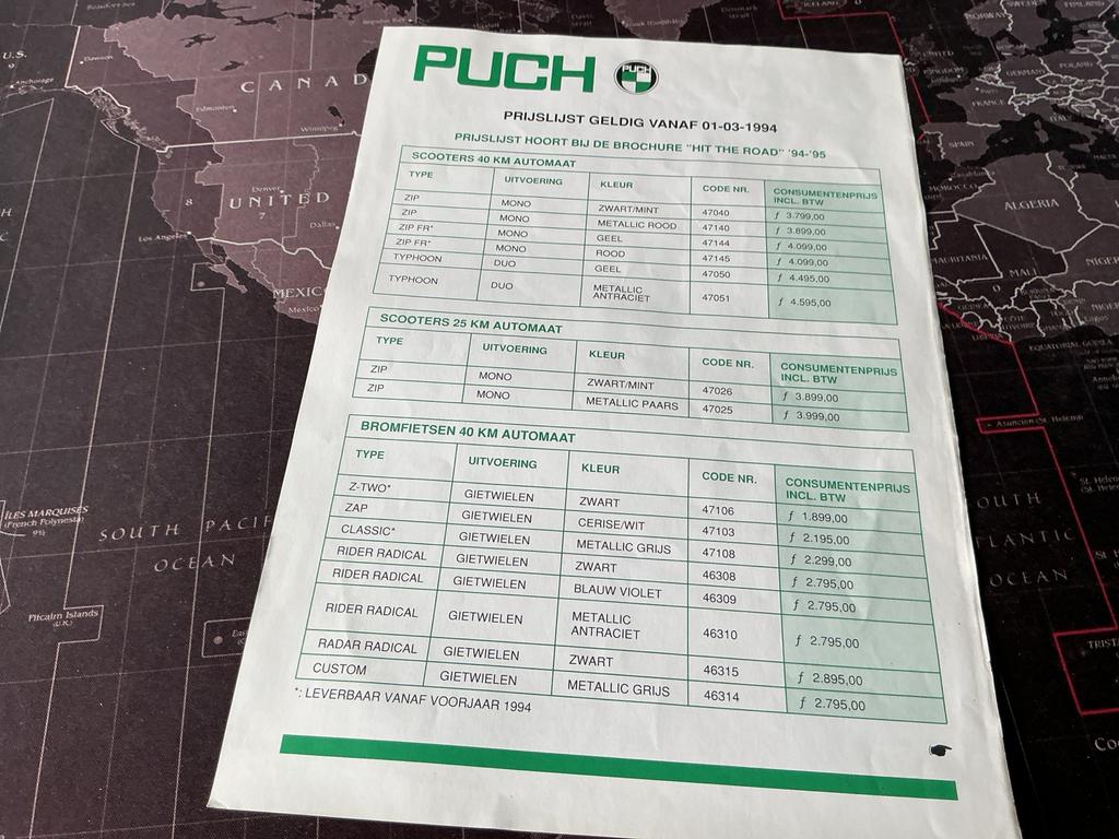 Puch Prijslijst Scooters en Bromfietsen (1993-1994), Verzenden, Gebruikt, Overige typen, Overige merken