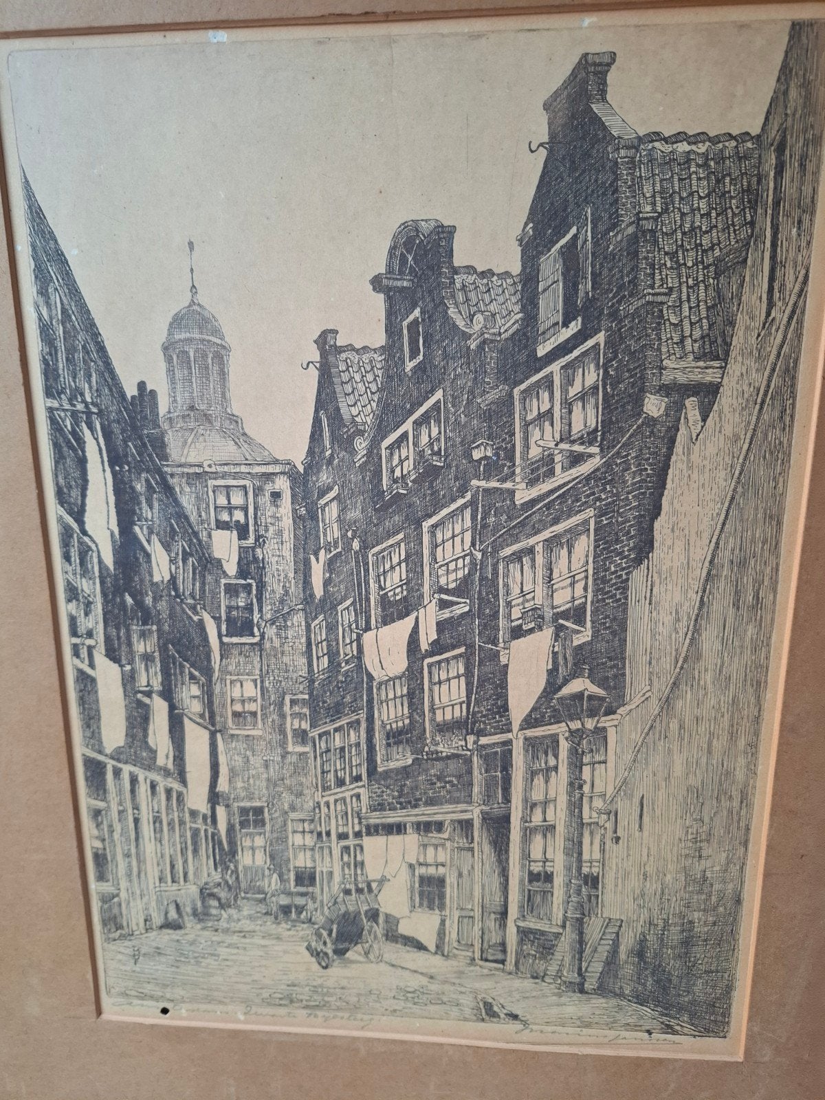 Antieke Ets van een Stadsgezicht - Charmante Straat, Ophalen, Ingelijst, Ets, Stadsgezicht