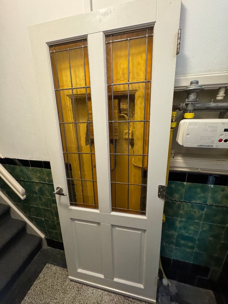 Oude massief houten deur met glas-in-lood - oranje, Ophalen, Gebruikt, Binnendeur, 200 tot 215 cm