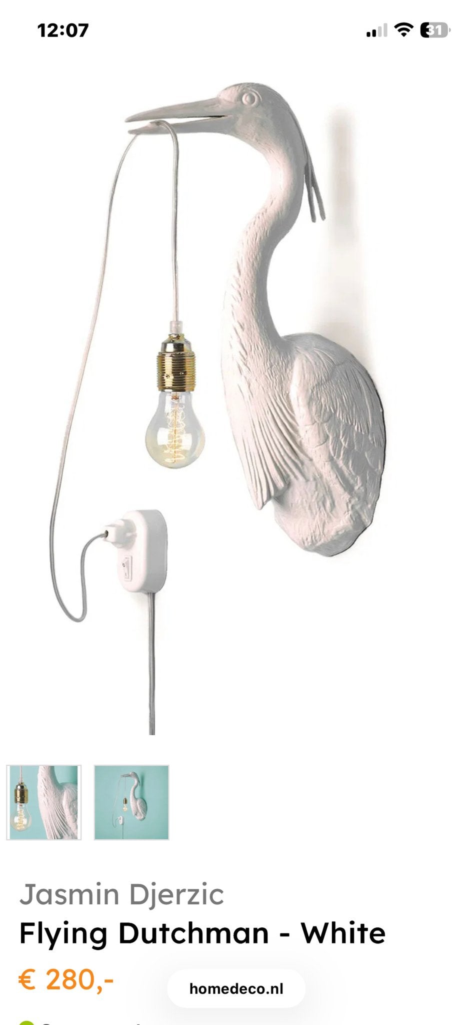 Jasmin Djerzic Flying Dutchman - Witte Reiger Wandlamp, Wit, Overige merken, Kunststof, Zo goed als nieuw