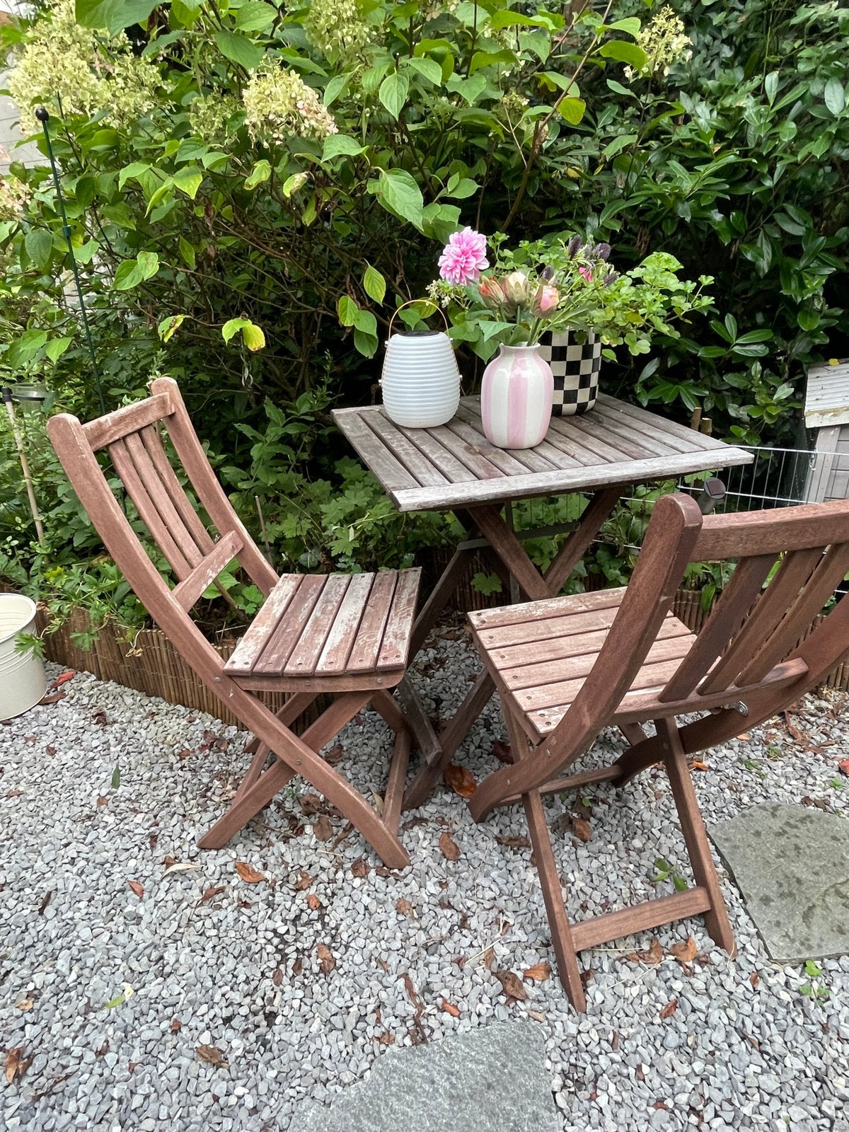 Bistrosetje hardhout / teak - 3-delig - opklapbaar tuinset, Gebruikt, Hardhout, Tuinset, Ophalen