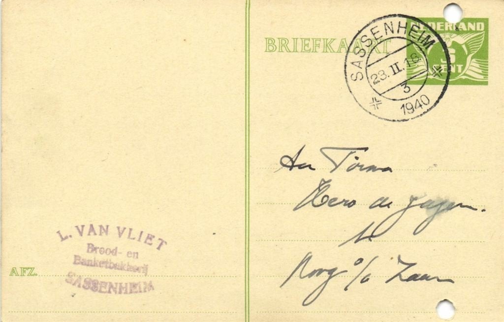 L. van Vliet, Sassenheim - 02.1940 - briefkaart, Ophalen of Verzenden, Briefkaart