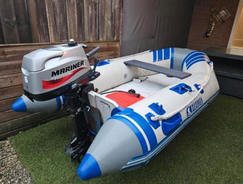 Rubberboot met 6 PK 4-takt mariner, Watersport en Boten, Ophalen, Zo goed als nieuw, Benzine, Overige materialen