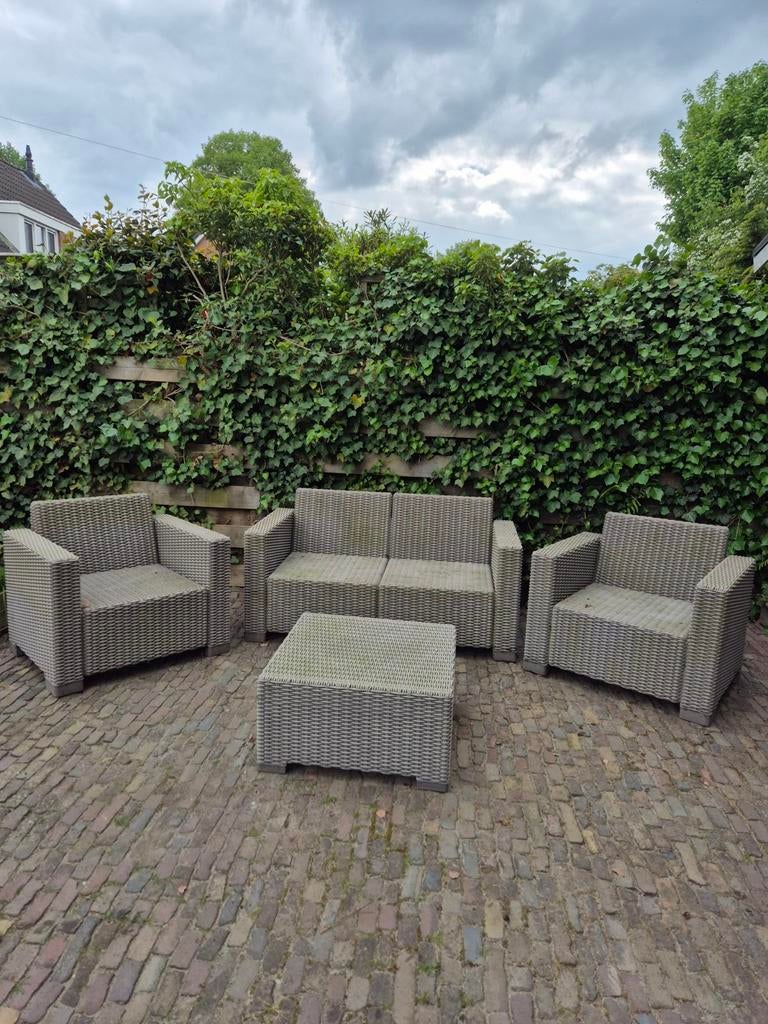 Loungeset - 2 Stoelen, 1 Bank, 1 Bijzettafel, Tuin en Terras, Tuinsets en Loungesets, Ophalen, Gebruikt, Kunststof, Bank