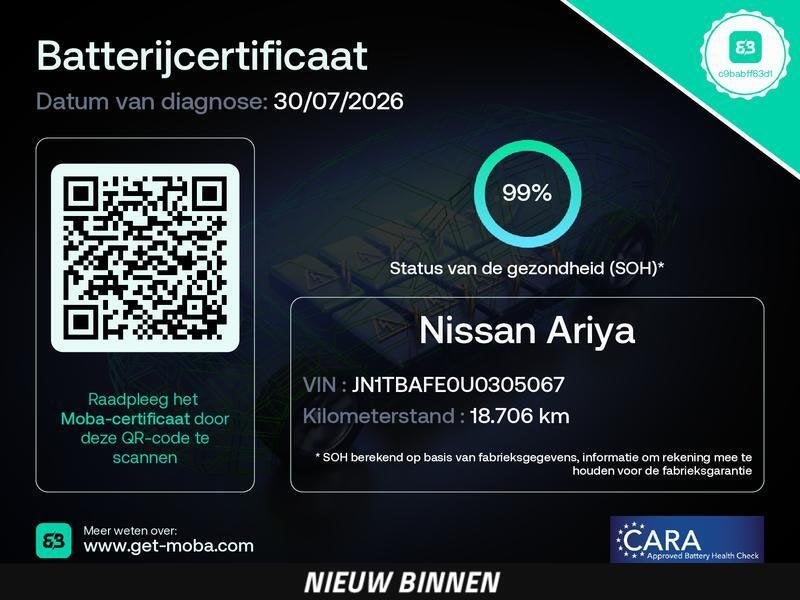 Nissan Ariya Evolve 91 kWh | SOH 99% | Panoramadak | Trekhaa, Auto's, Dealer onderhouden, Gebruikt, Leder en Stof, Adaptive Cruise Control