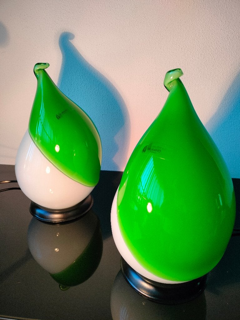 Set (2) Tafellamp Vintage Glas Groen Wit Murano 1960, Huis en Inrichting, Lampen | Tafellampen, Groen, Ophalen of Verzenden, Glas