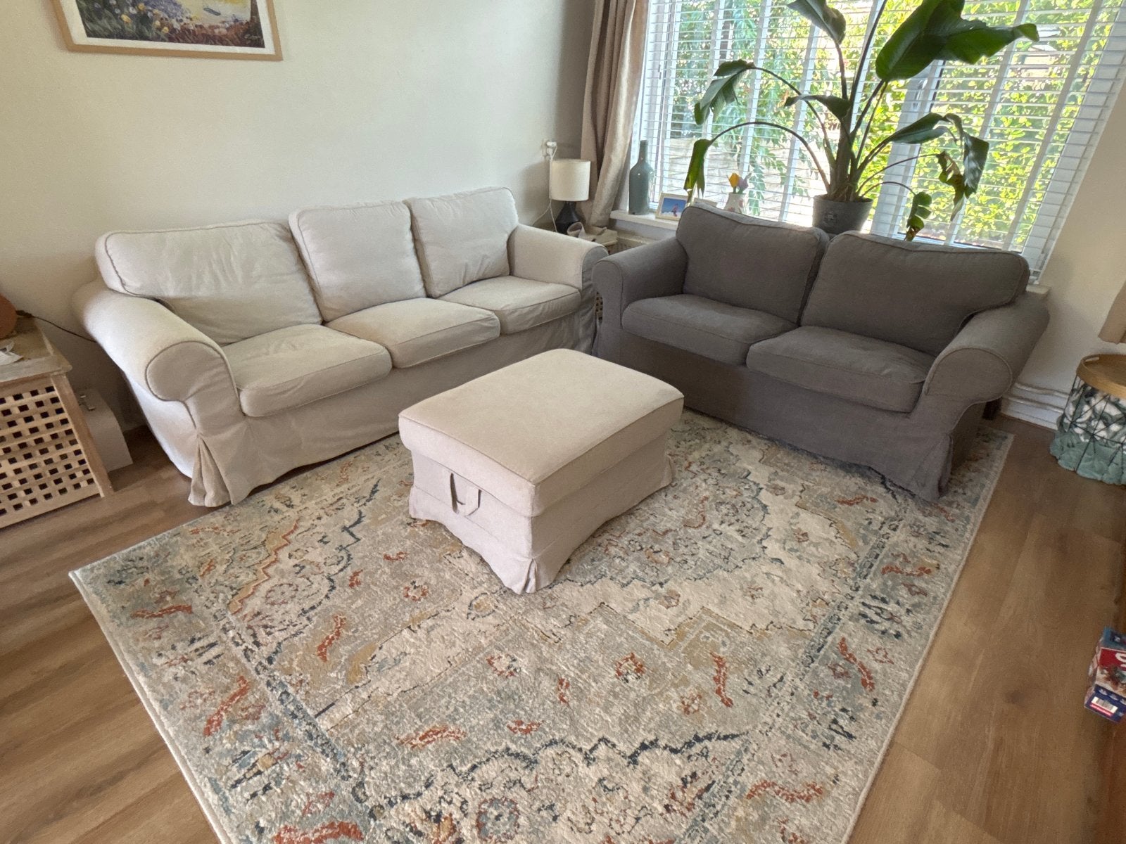 Comfortabele ektorp banken set met hocker -Grijs en beige, Ophalen, Gebruikt, 75 tot 100 cm, Rechte bank
