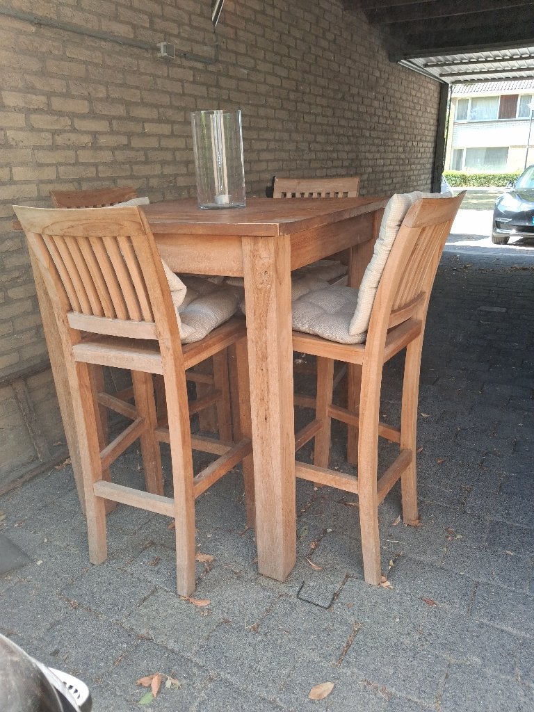 teak houten hoge tafel (90x90x105) met 4 barkrukken, Huis en Inrichting, Barren, Ophalen, Gebruikt, Inclusief barstoelen