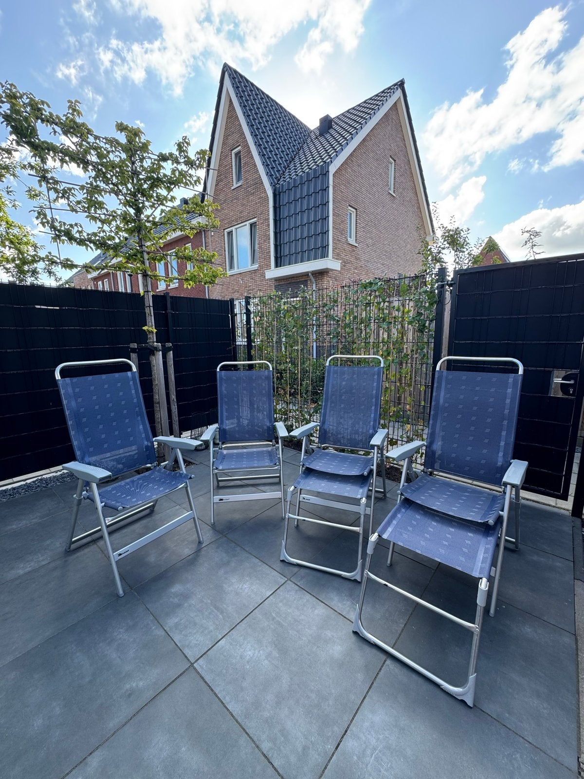 4x Campingstoel/tuinstoel met 2 voetenbankjes, Ophalen, Gebruikt, Metaal, Inklapbaar