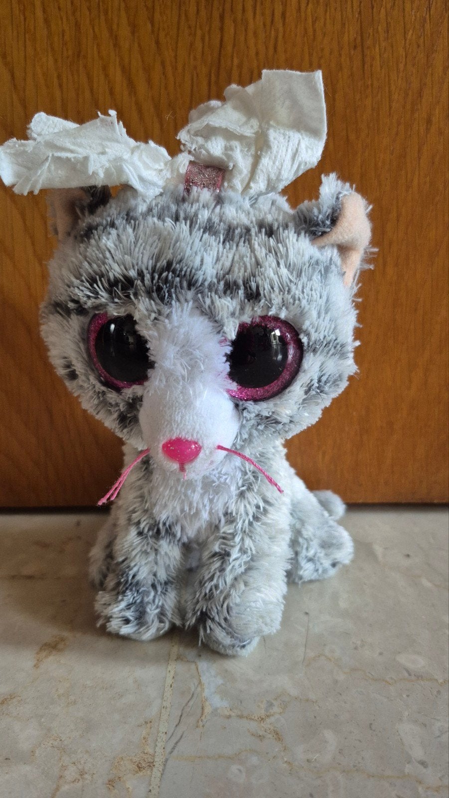 Schattige grijze kat knuffel met grote roze ogen, Grijs, Ophalen of Verzenden, Zo goed als nieuw, Ty