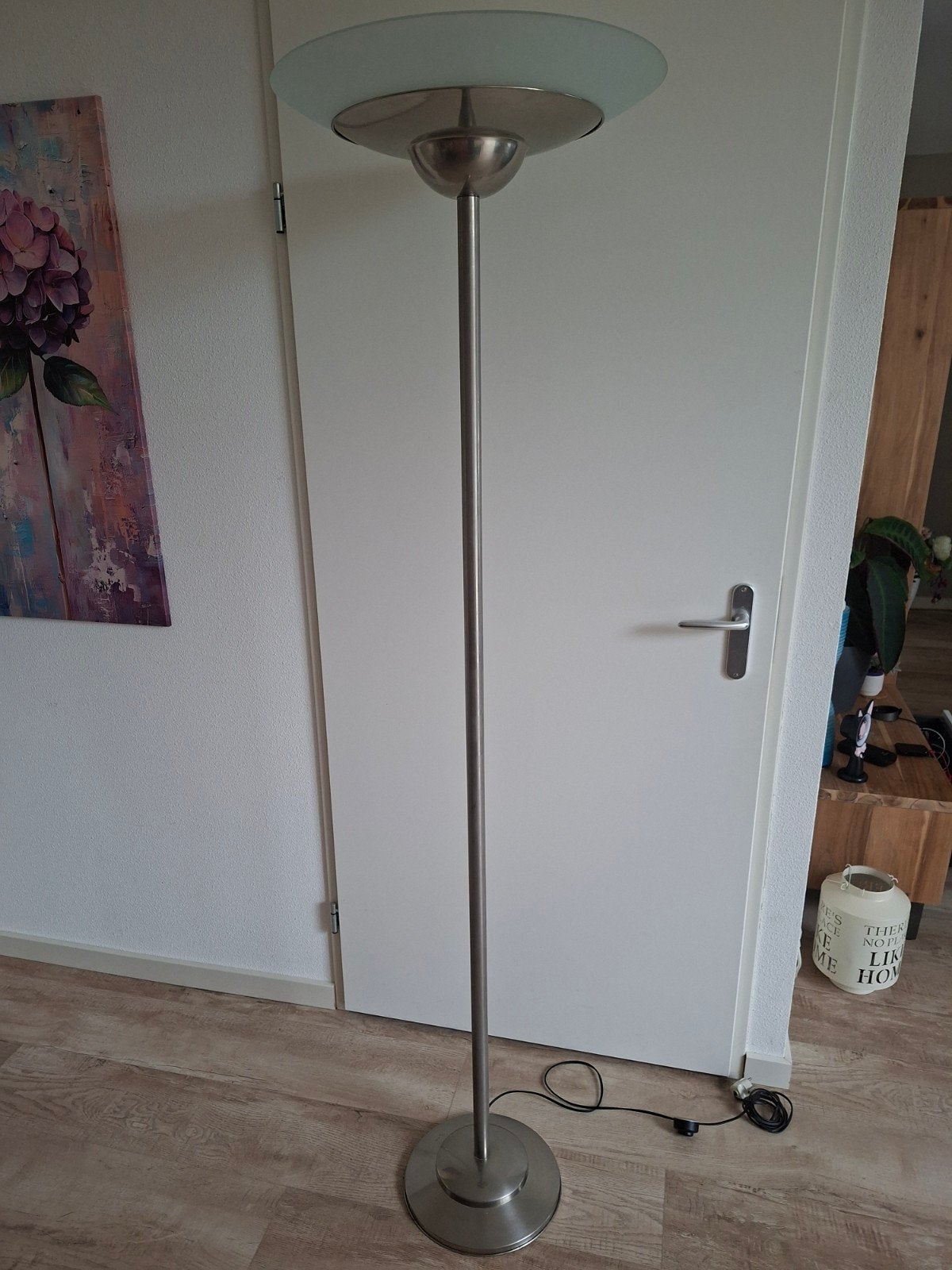 Stijlvolle staande lamp met glazen kap, Ophalen, E27 (groot), Zo goed als nieuw, Glas
