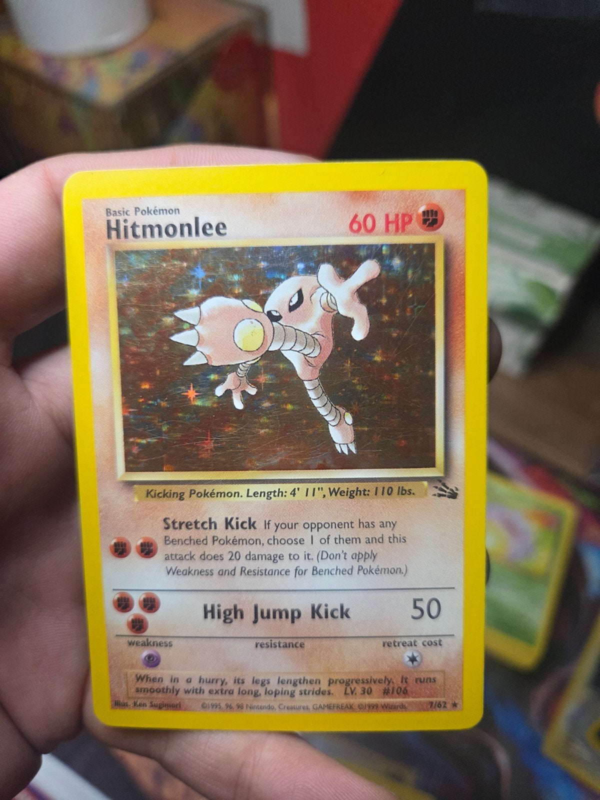 Hitmonlee 7/62 Holo Fossil unlimited 1999 Wotc era, Ophalen of Verzenden, Zo goed als nieuw, Losse kaart, Foil