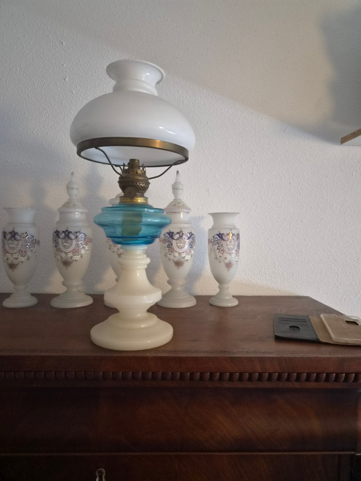 Antieke Opaline Olielamp met Blauw Reservoir, Antiek en Kunst, Ophalen