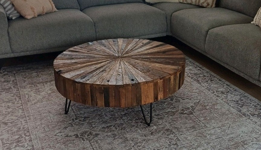Robuuste ronde massieve houten salontafel latten, Ophalen, Rond, 50 tot 100 cm, 50 tot 100 cm