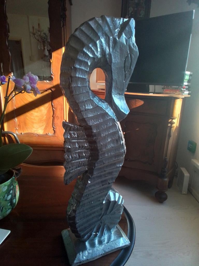 Houten zeepaardje zilverkleurig 53 cm hoog, Ophalen of Verzenden