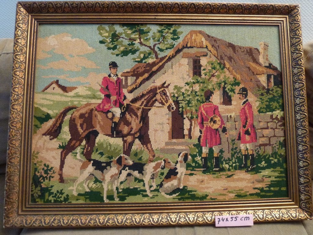 Engelse jacht met paarden en honden geborduurd, 50 – 75, Ophalen of Verzenden, Zo goed als nieuw, Schilderij