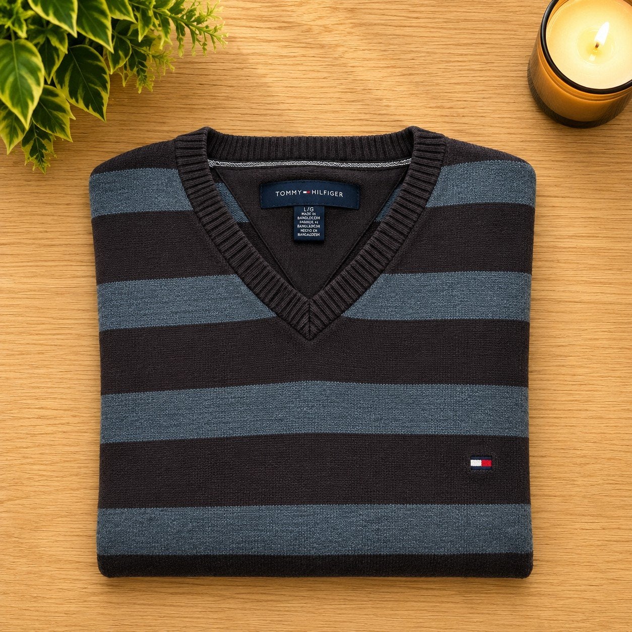 Tommy Hilfiger V-hals gestreepte trui - Maat L, Maat 52/54 (L), Bruin, Verzenden, Tommy Hilfiger