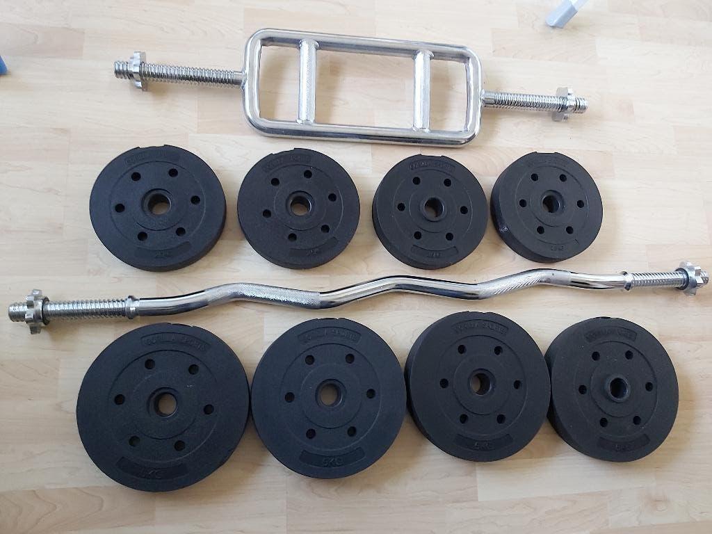 Halters met gewichten en een verstelbare halterbankje, Ophalen, Zo goed als nieuw, Benen, Halterset