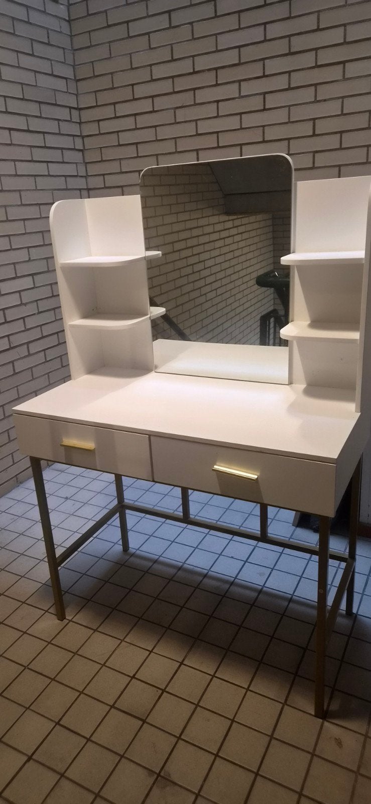 Witte make-up tafel met spiegel en opbergruimte, Gebruikt, 100 tot 150 cm, 100 tot 150 cm, Ophalen of Verzenden