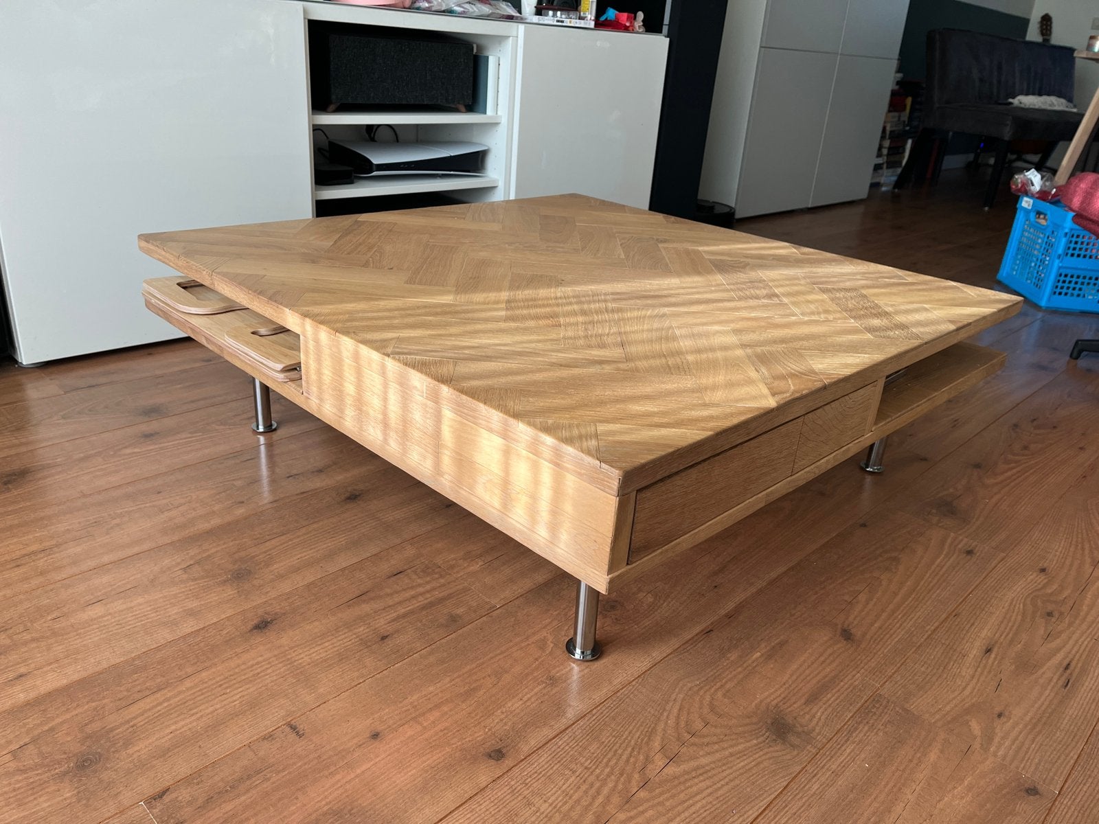 Eiken salontafel 96x96 | visgraat | 2 lades, Huis en Inrichting, Tafels | Salontafels, Ophalen, 50 tot 100 cm, 50 tot 100 cm, Zo goed als nieuw