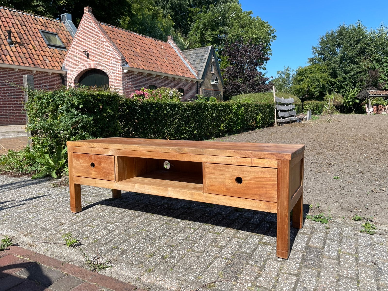 Massief Teakhouten TV-meubel met Lades en Open Vak, Huis en Inrichting, Ophalen, Gebruikt, 100 tot 150 cm, Teakhout