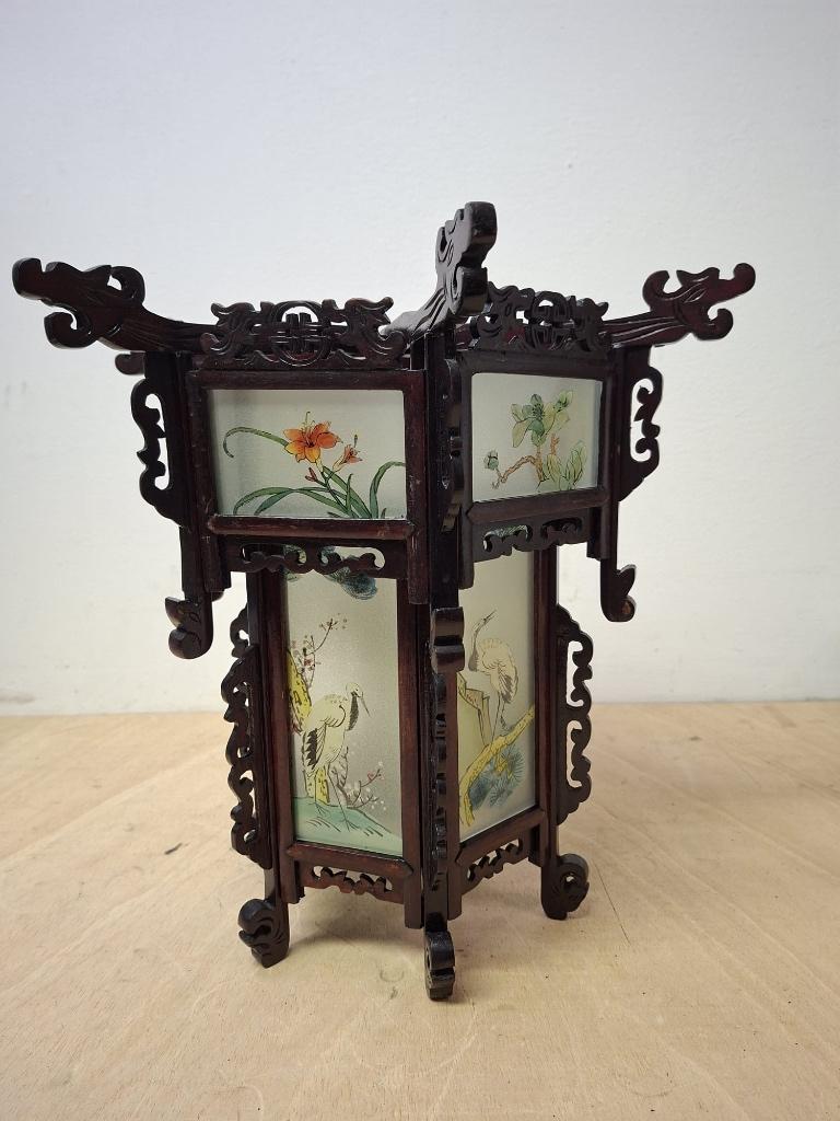 Vintage Chinese lantaarn – handgeschilderd glas en hout, Ophalen