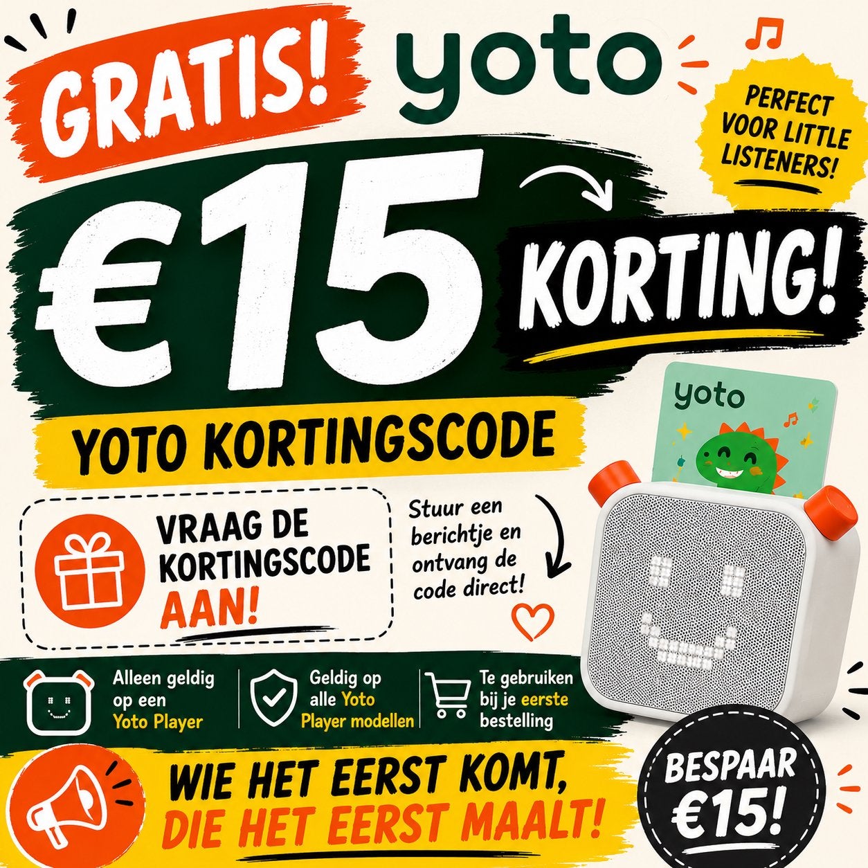 Yoto kortingscode van 15 euro!, Tickets en Kaartjes, Eén persoon, Kortingsbon