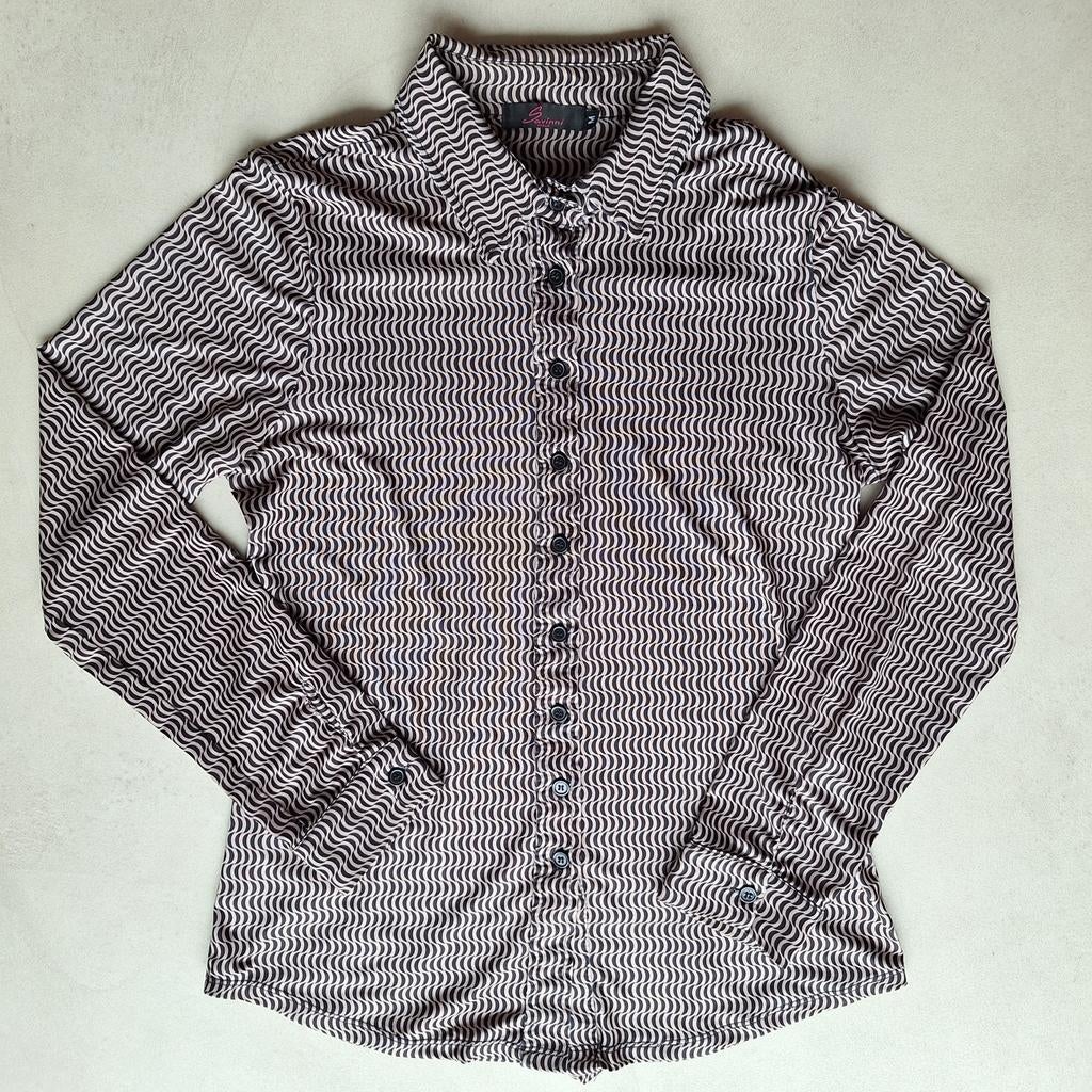 Savinni Travelstof Blouse Bruin/Zwart Patroon Maat M, Kleding | Dames, Blouses en Tunieken, Bruin, Ophalen of Verzenden, Zo goed als nieuw