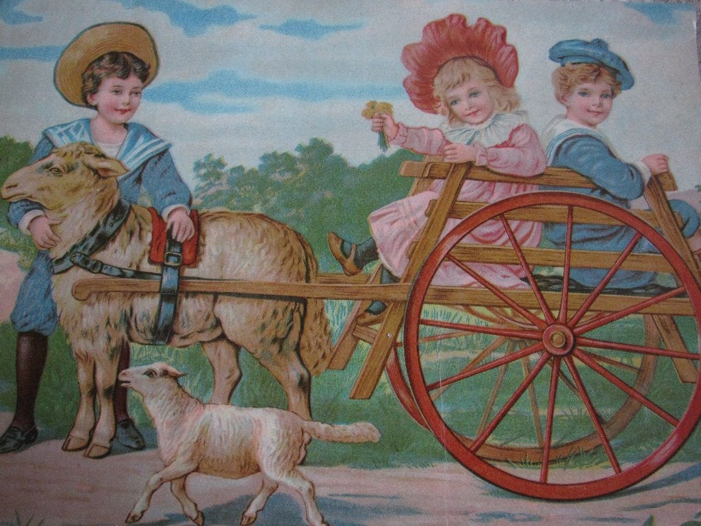 Antieke Blokkendoos Prent / Afbeelding - Kinderen Schaap Kar, Verzamelen, Gebruikt, Verzenden, Voor 1940, Prent
