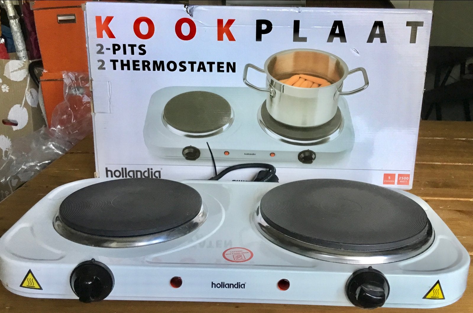 HOLLANDIA DUBBELE KOOKPLAAT MET 2 PITTEN EN 2 THERMOSTATEN, Witgoed en Apparatuur, 3 kookzones of minder, Ophalen of Verzenden