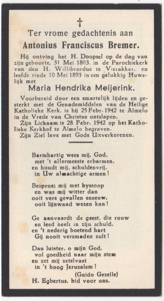 Antonius Fr. Bremer 1863 Vierakker + 1942 Almelo, 78 jaar, Verzamelen, Bidprentjes en Rouwkaarten, Verzenden