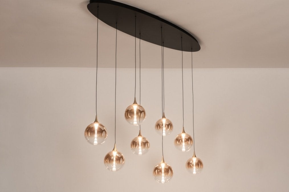 led hanglamp 8 glazen bollen amber tafel eettafel vide lamp, Huis en Inrichting, Ophalen of Verzenden, Nieuw, Glas