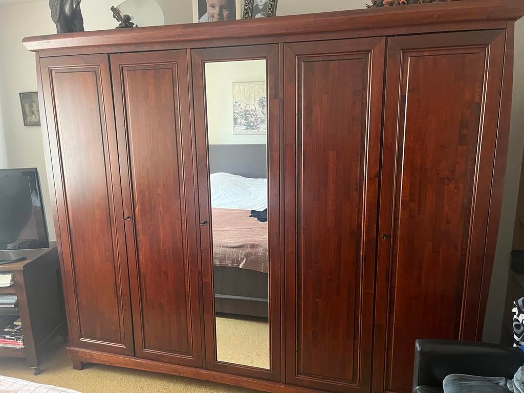 Grote mahoniehouten kledingkast met spiegel – 243x54x206 cm, Ophalen, Gebruikt, 200 cm of meer, 150 tot 200 cm