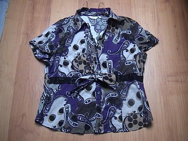MISS ETAM paars / wit / bruine blouse + opdruk maat 46 / XL, Paars, Maat 46/48 (XL) of groter, Ophalen of Verzenden, Miss Etam