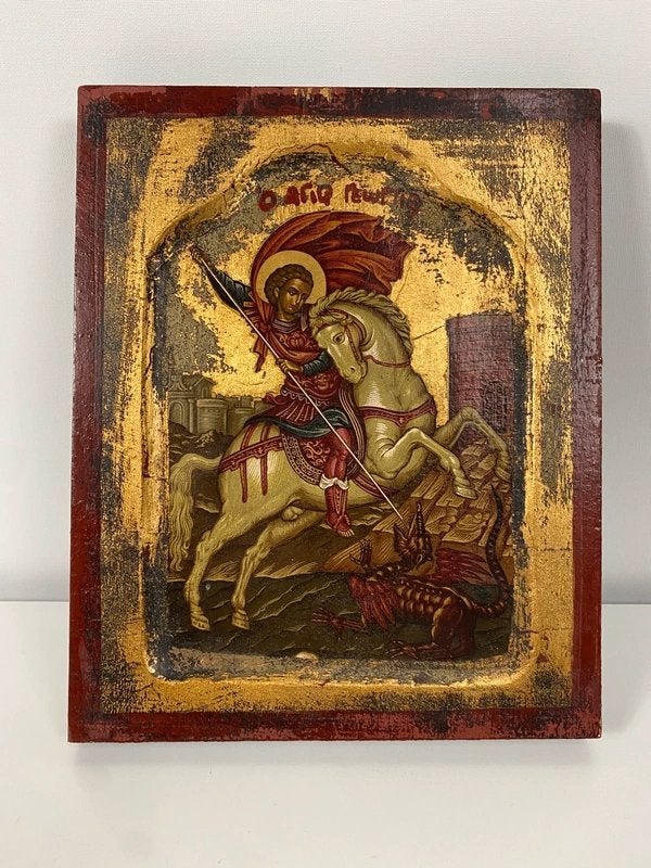 Icoon Sint Joris met de Draak, Ophalen of Verzenden, Gebruikt, Kaart of Prent, Christendom | Katholiek