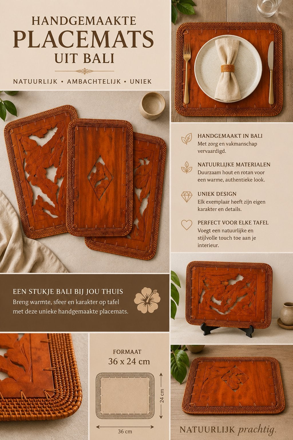 Handgemaakte placemats uit Bali - Natuurlijk & Uniek, Hout, Nieuw, Ophalen of Verzenden, Oosters